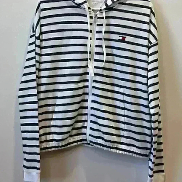 NWT! TOMMY HILFIGER Hooded Jacket/Sweatshirt/Hoodie Navy/White Stripe Size Large - Picture 11 of 16